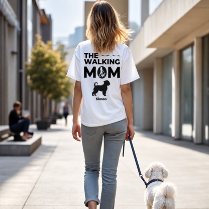 White T-shirt with the lettering "THE WALKING MOM" and a dog motif on the back, personalized with "Simon".