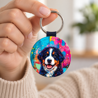 Personalized keychain with a colourful, street-art inspired dog motif.
