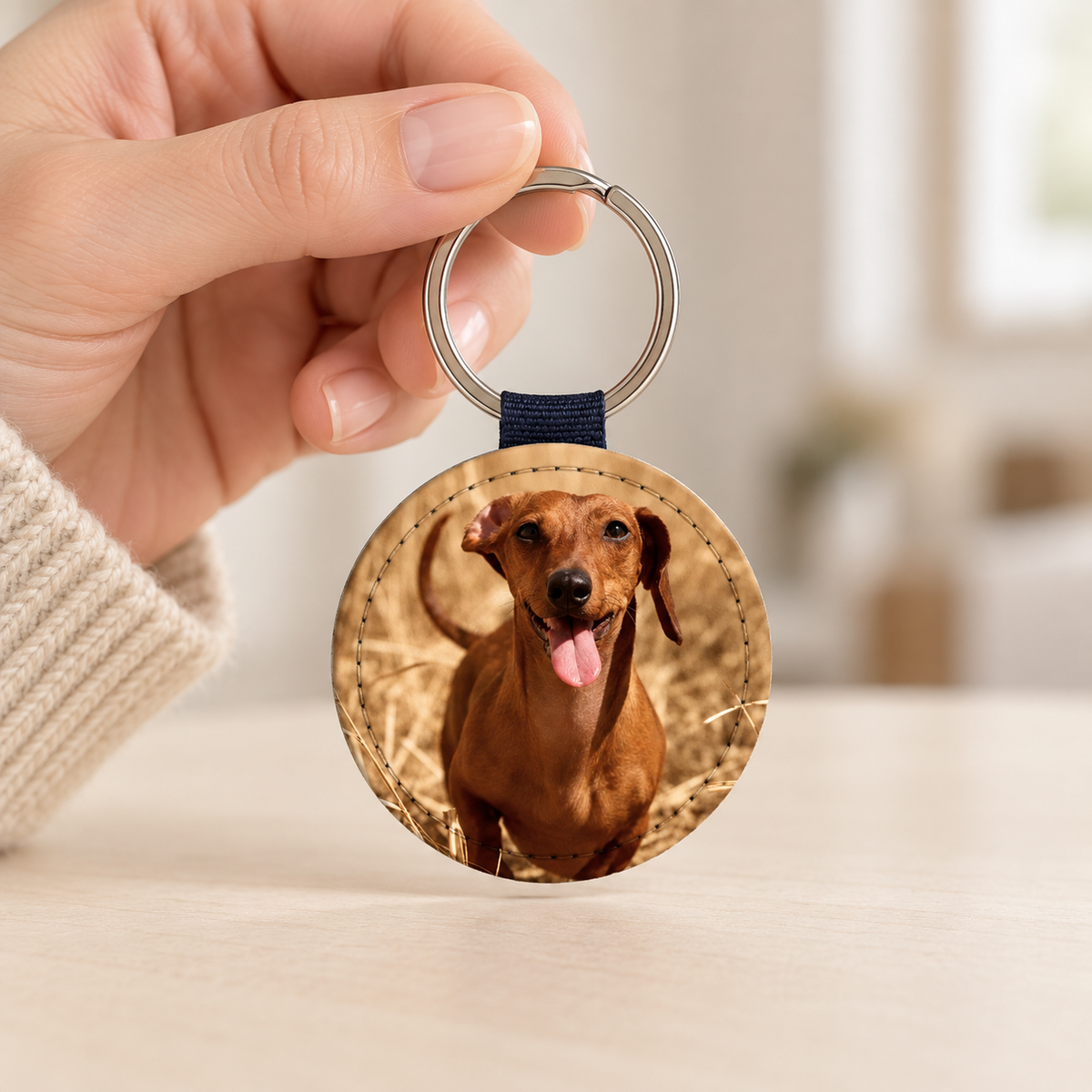 Personalized keychain with round pendant and photo of a dog, silver key ring.