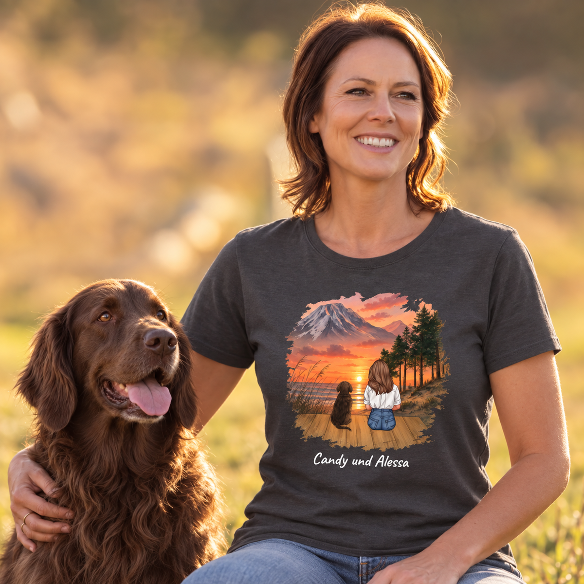 Dark grey T-shirt with personalized motif of a woman and dog in front of a mountain landscape.