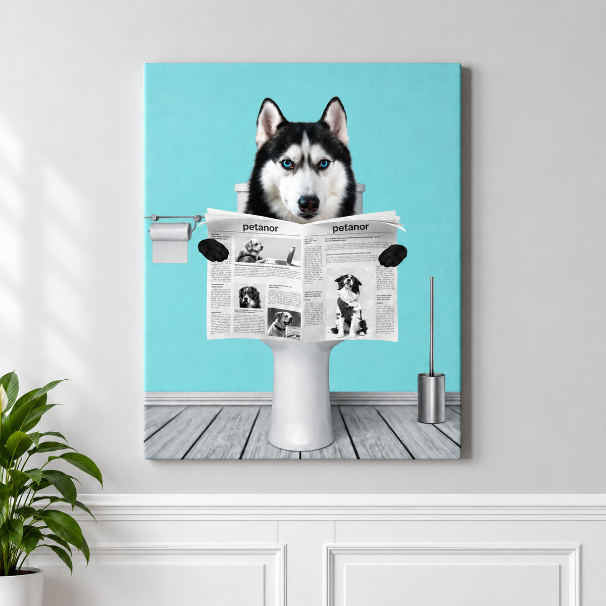 Canvas print of a dog with newspapers in a humorous toilet scene in front of a turquoise wall.
