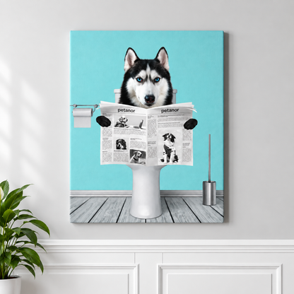 Canvas print of a dog with newspapers in a humorous toilet scene in front of a turquoise wall.