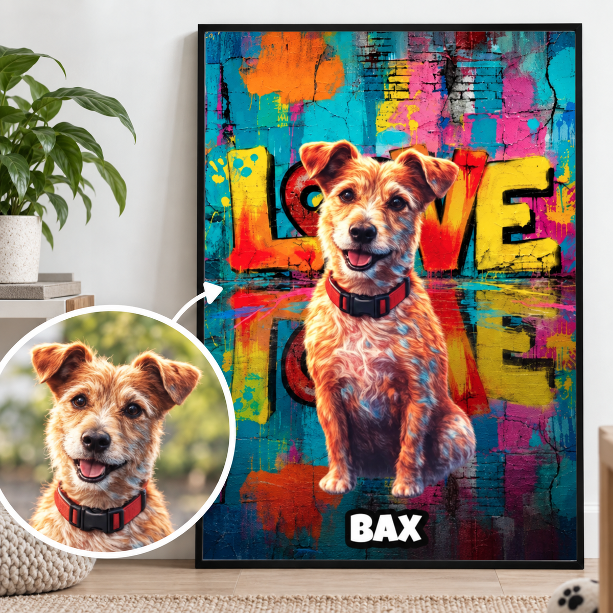 Personalizable poster with colourful street-art background and dog picture.