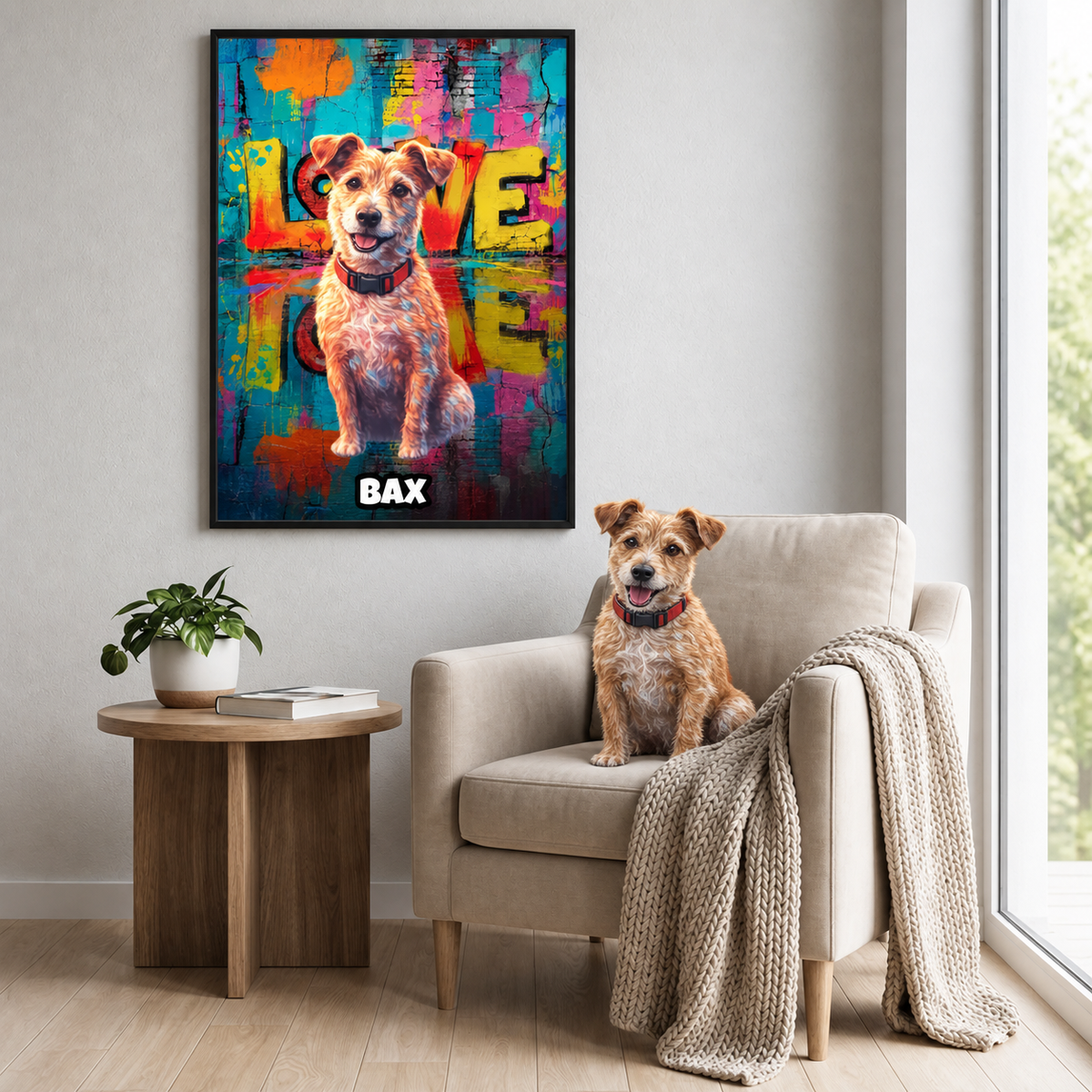 Personalized street-art style poster of a dog in bright colours with the name "BAX". Dog sitting on a beige armchair.