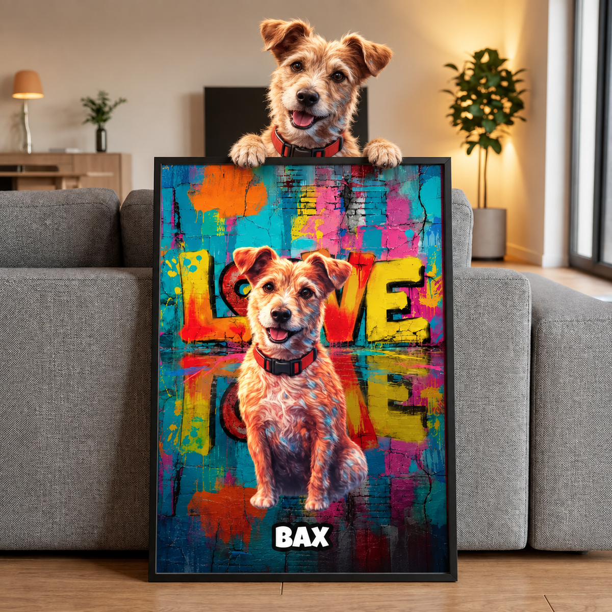 Personalized street-art style poster of a dog, colourful background with the word "LOVE".