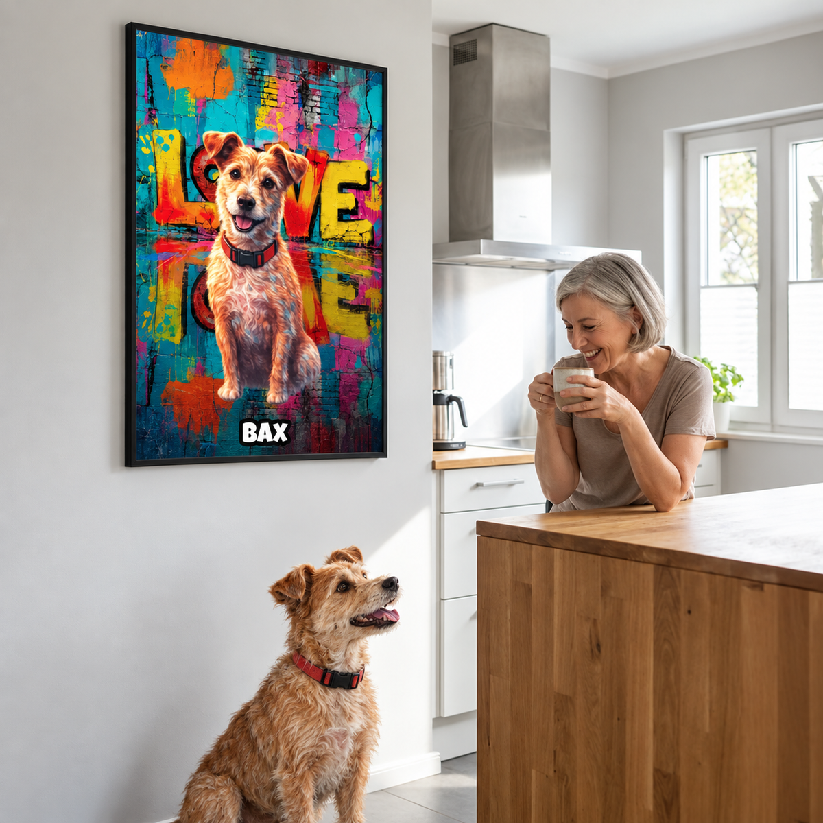 Personalized street-art poster with dog picture and colourful background, hanging on the wall in a modern kitchen.