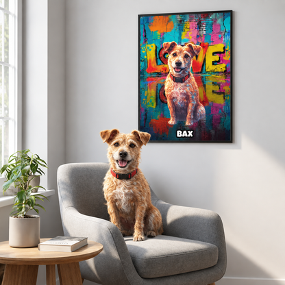 Personalized street-art style poster of a dog, colourful background, the name "BAX" at the bottom.