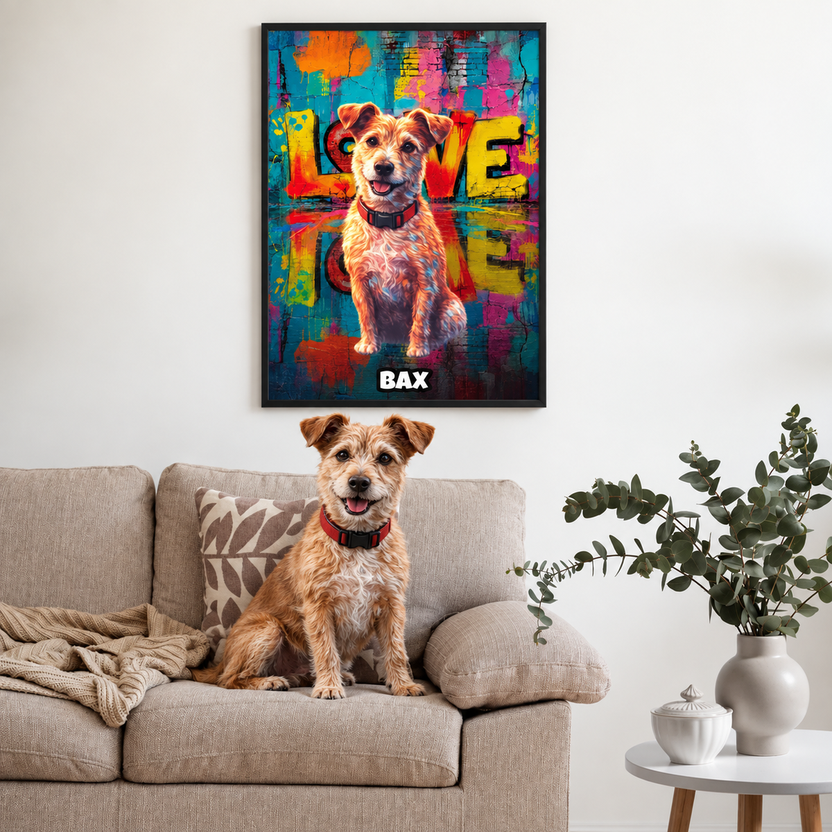 Personalized street-art posters with dog motif, decorative in bold colours, framed on the wall. Dog on the couch.