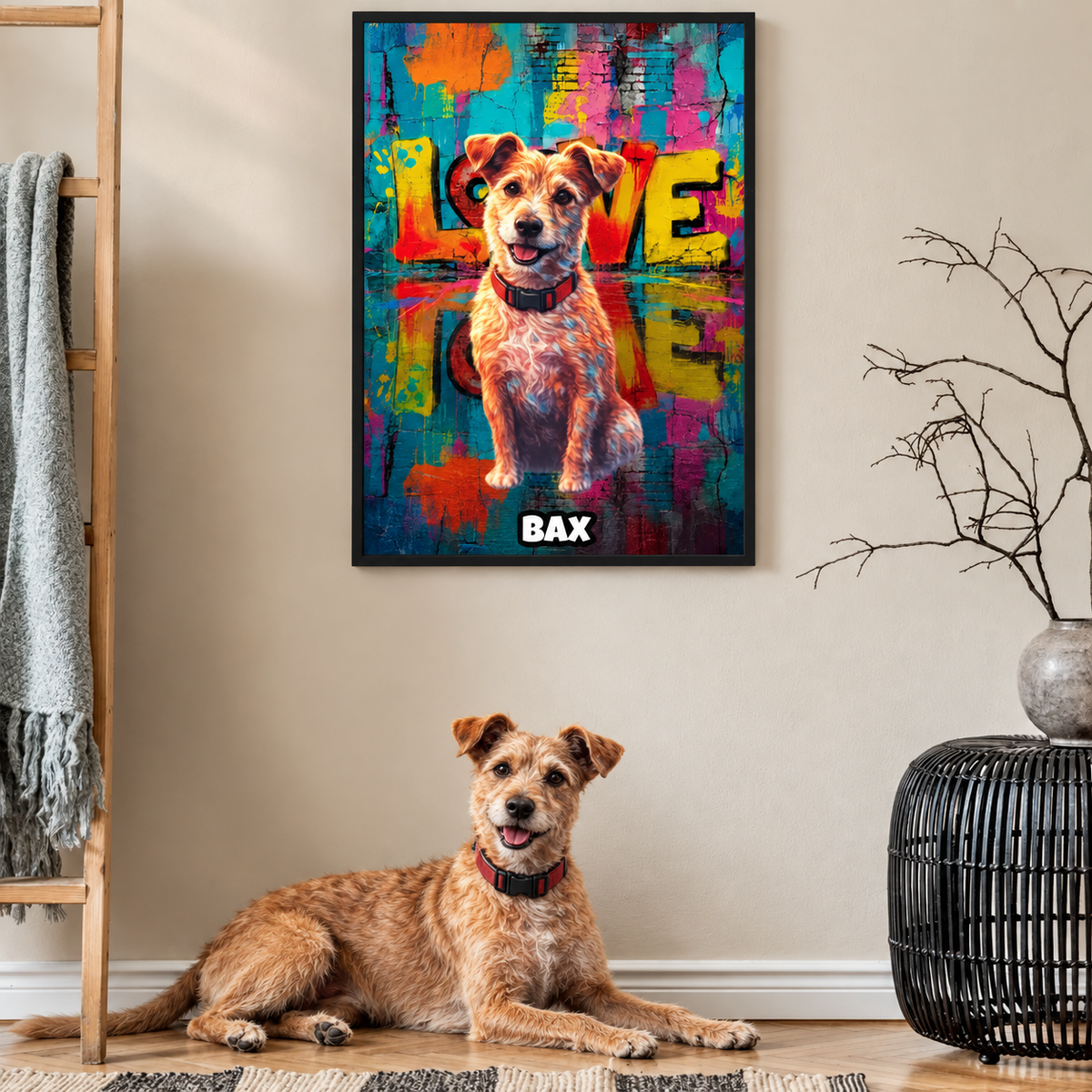 Personalized street-art posters with dog picture in bright colours, framed and mounted on the wall. Dog lying on the floor.