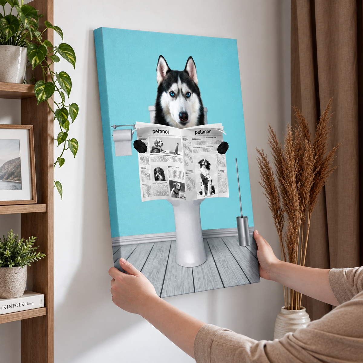 Canvas print of a dog sitting on a toilet reading a newspaper, blue background.