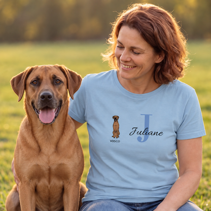 Light blue women's T-shirt with personalized print, initial "J" and dog picture.