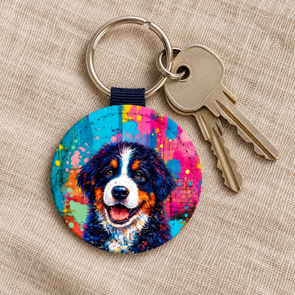 Round keychain with colourful street-art dog design, metal ring and key.