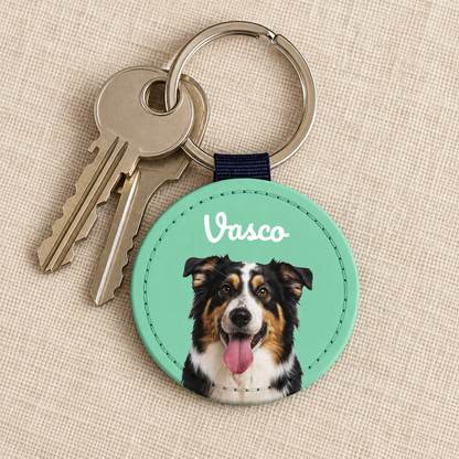 Personalized keychain with dog portrait and mint green background. Key ring with two keys.