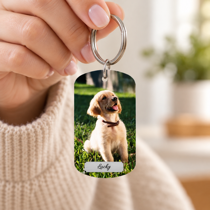 Personalized keychain with photo of a dog and the name "Lucky". Metal ring and plastic plate.