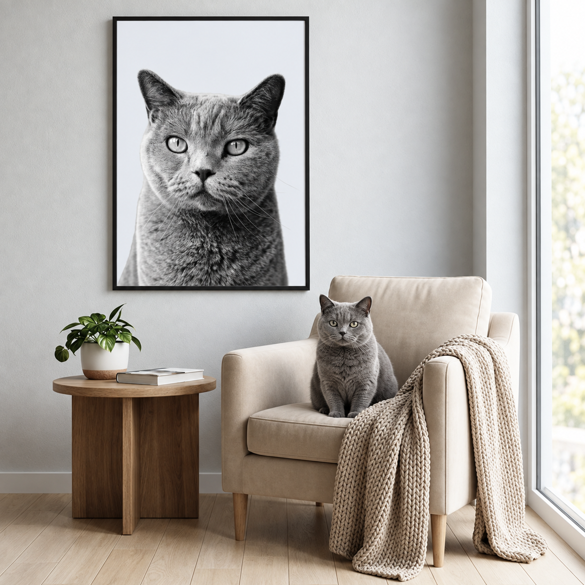 Grey pet portrait in a black frame on the wall above a beige armchair with a grey cat.