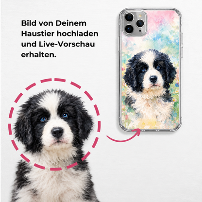 Personalized phone case with watercolour print of a dog portrait on a clear background.