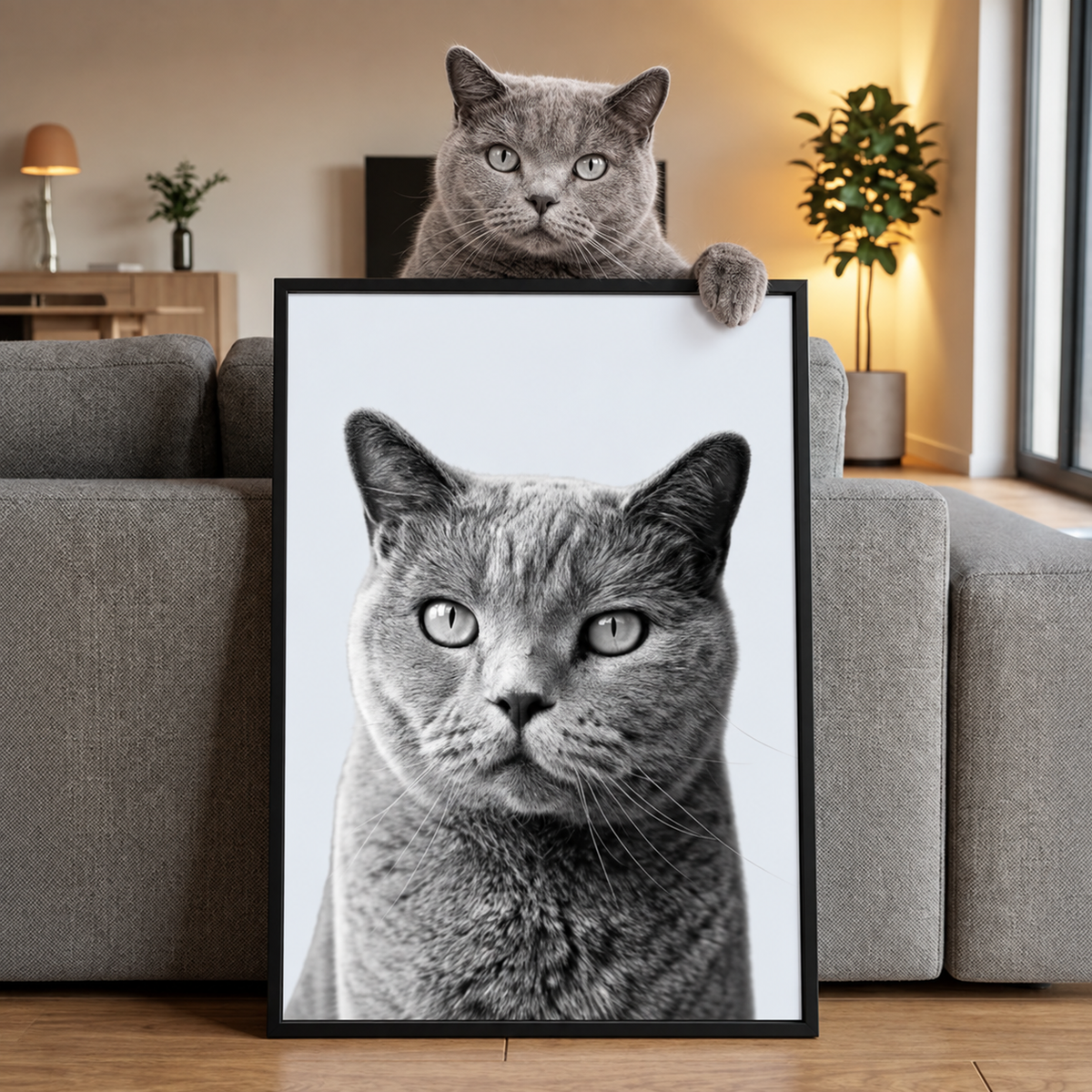 Grey pet portrait in a black frame, presented by a similar-looking cat.