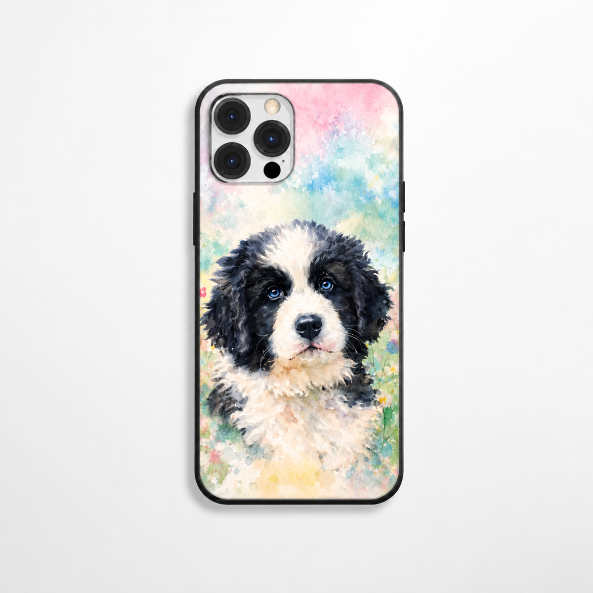 Phone case with watercolour dog motif, colour gradient in pastel tones.