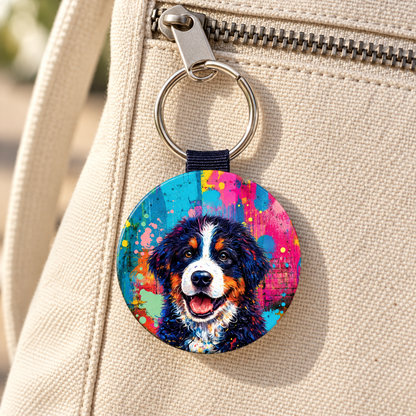 Round keychain with colourful street-art dog design, attached to a bag.