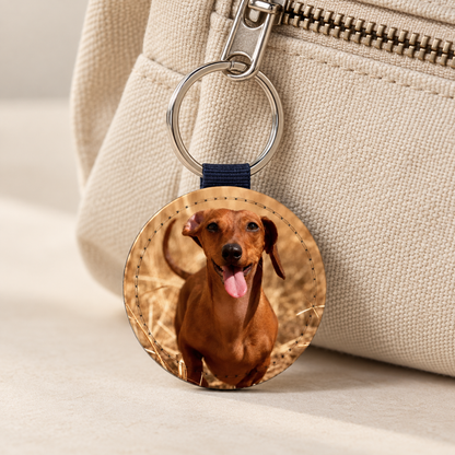 Round keychain with personalized dog photo, grey with blue strap.