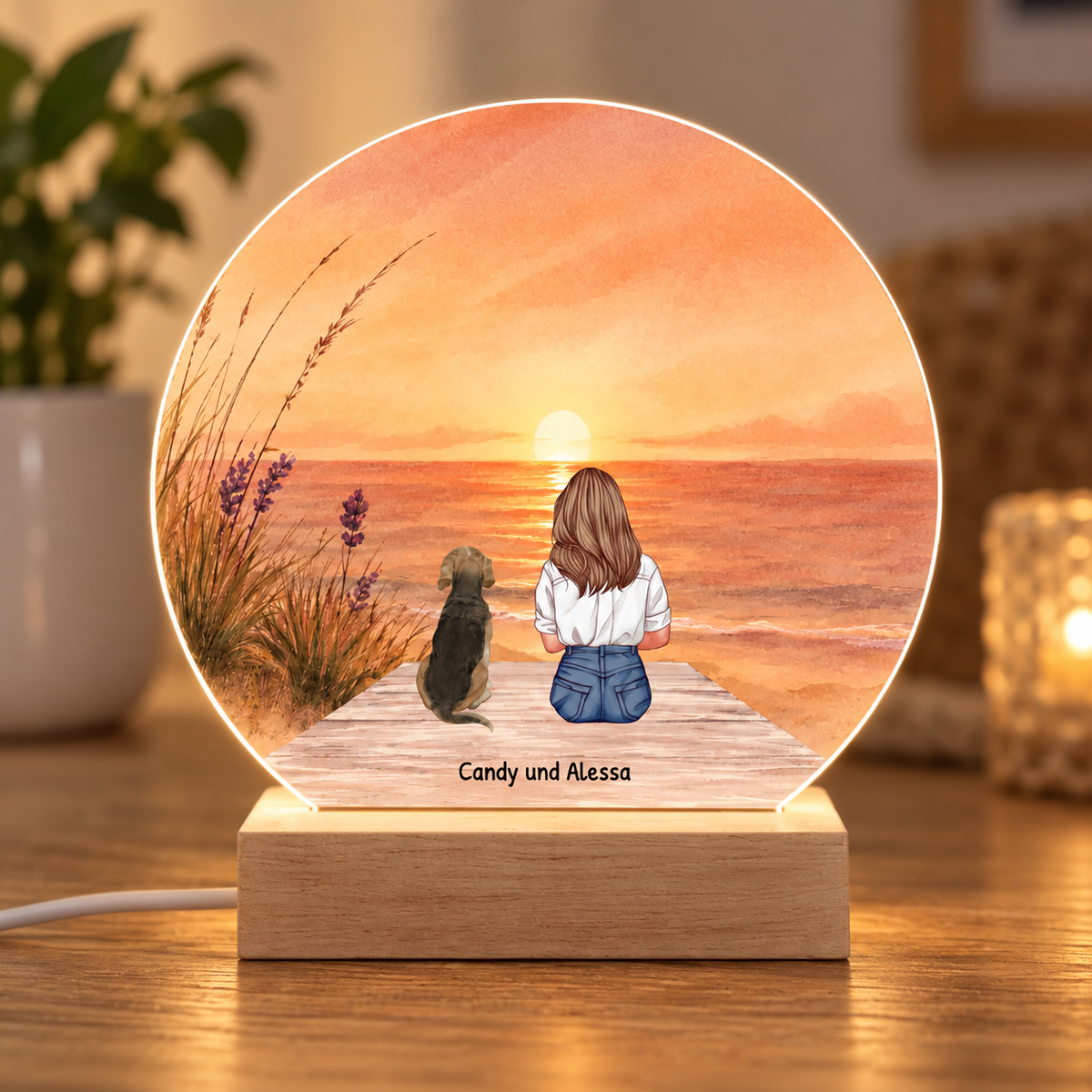 Personalized LED night light with illustration of a girl and dog on the beach at sunset. Wooden base.