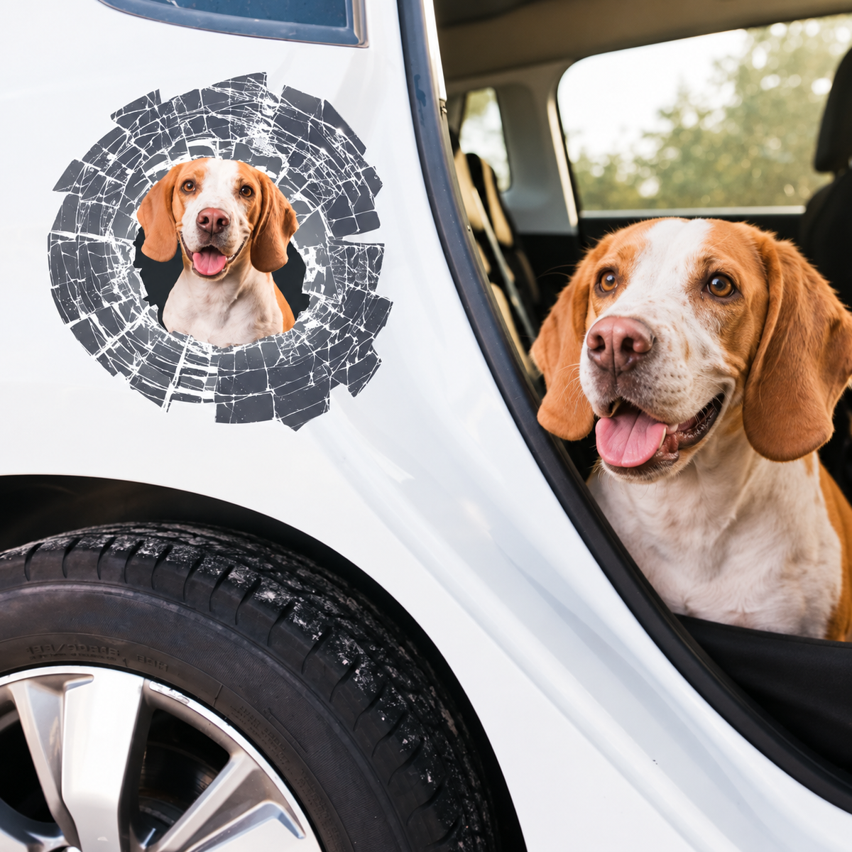 Personalized car sticker with a peeking dog photo in a crack design on a white car.