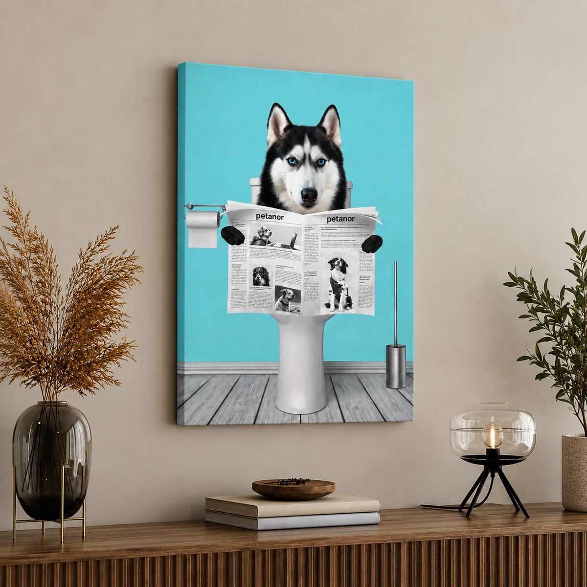 Canvas with a dog sitting on the toilet reading a newspaper, blue background.