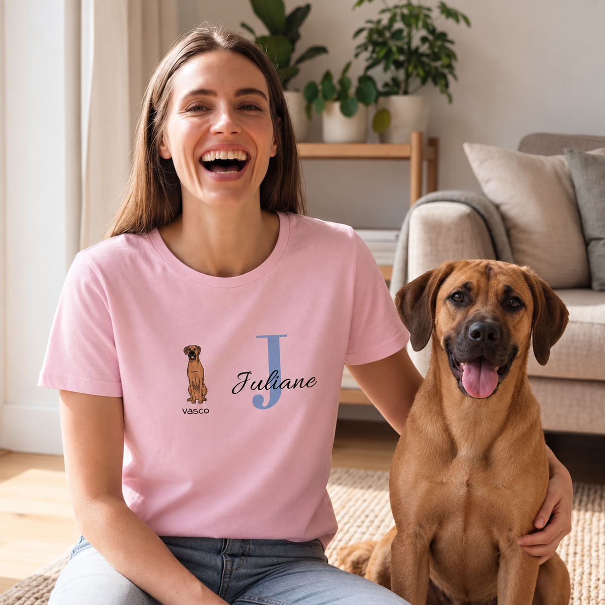 Pink T-shirt with personalized initial "J" and dog motif on the left.