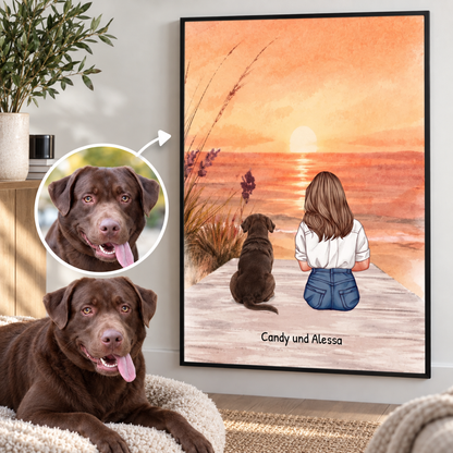 Personalized wall art with a woman and her dog by the sea at sunset.