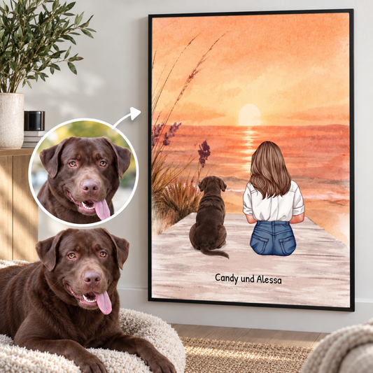 Personalized wall art with a woman and her dog by the sea at sunset.