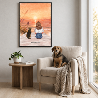 Personalized illustration of a girl and dog on the beach, in warm colours, in an elegant frame.