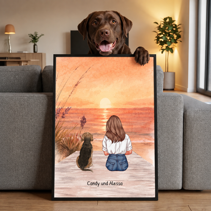 Personalized poster illustration of a woman and her dog on the beach at sunset.