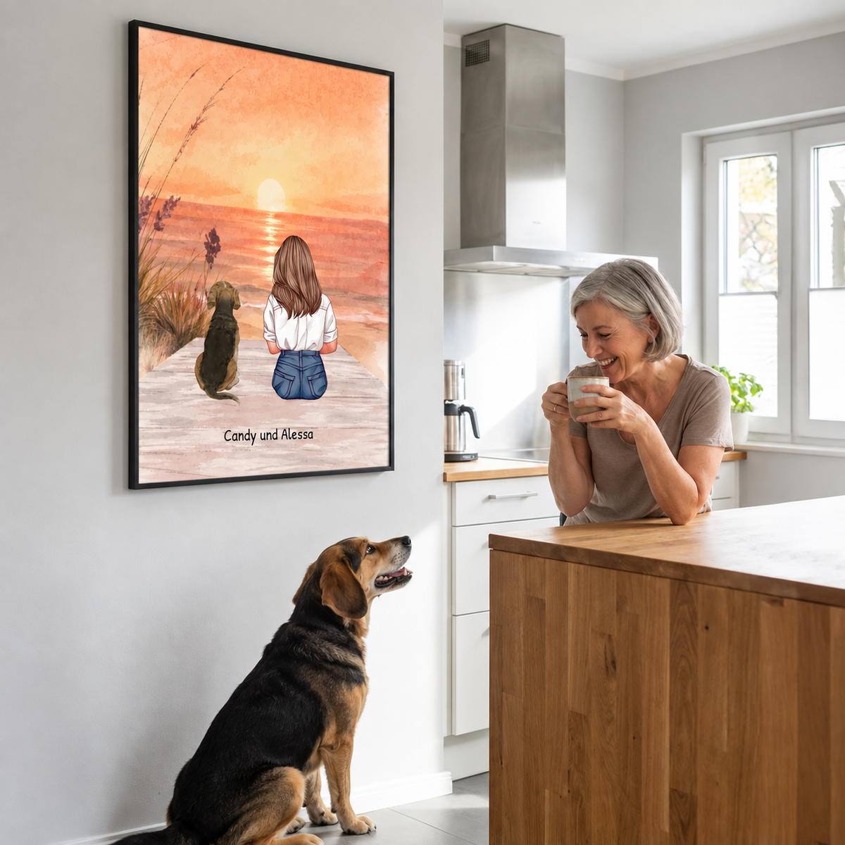 Personalized poster illustration of a woman and a dog on the beach at sunset.