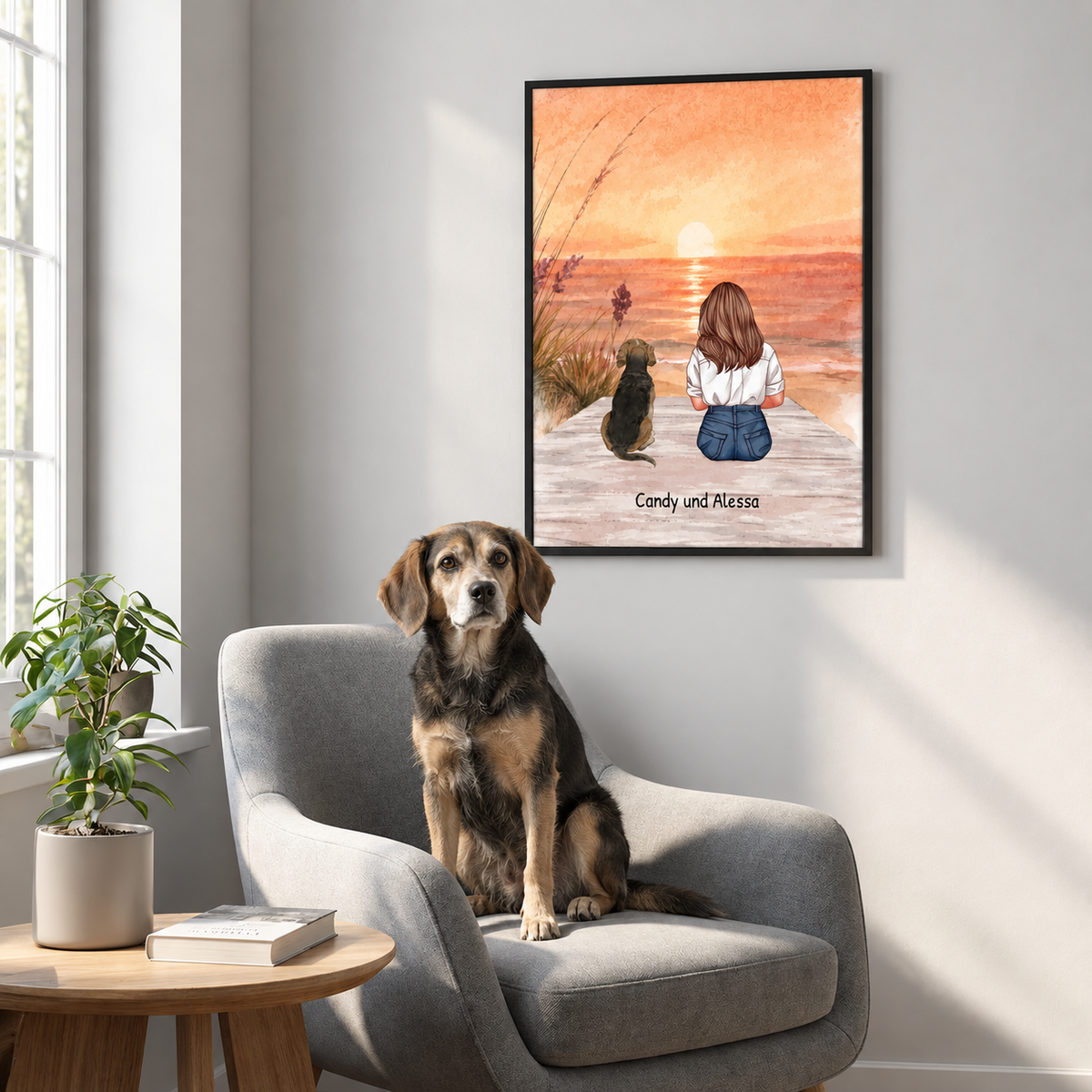Personalized wall art of a girl with a dog, painted at sunset, in a modern frame.