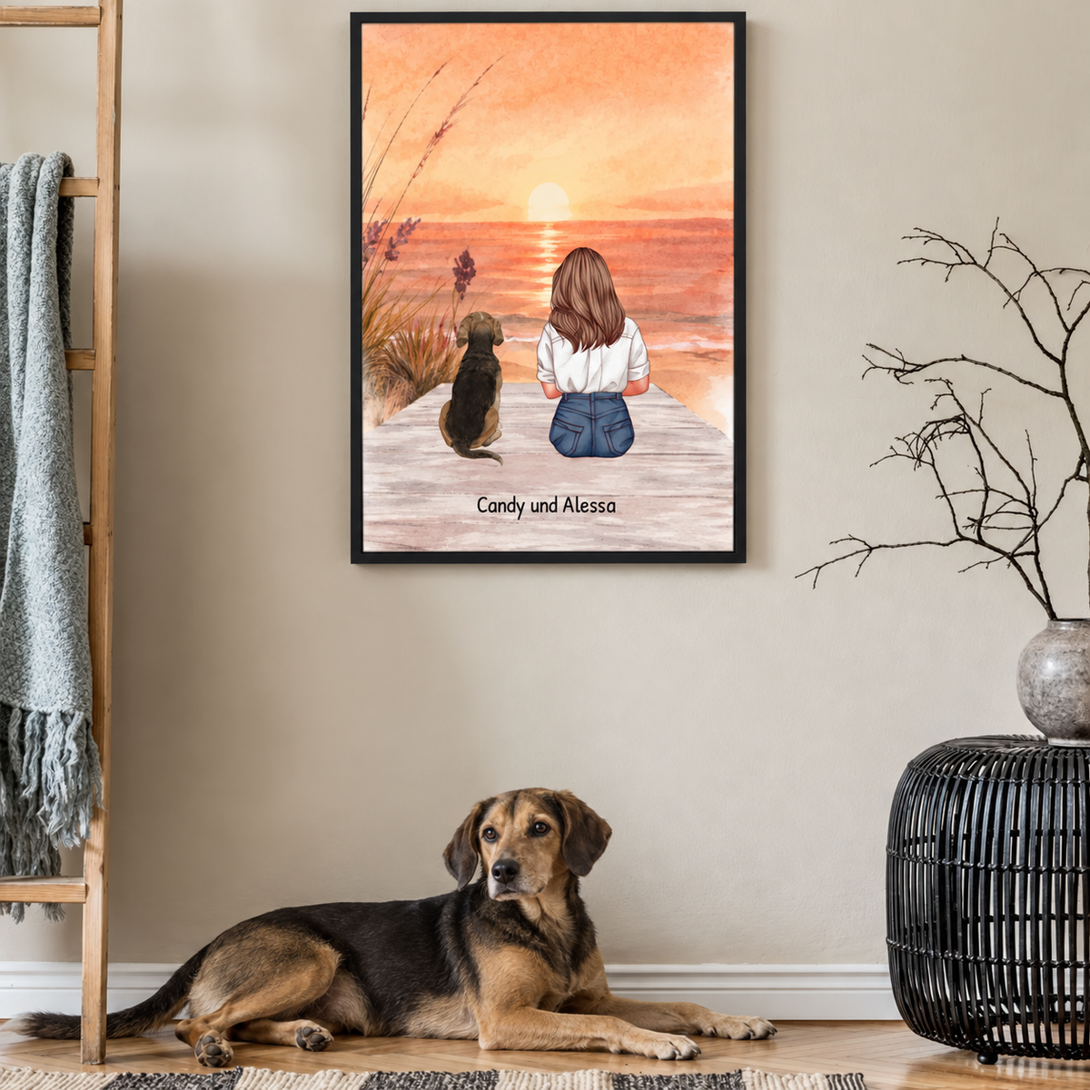 Personalized poster of a woman and her dog on the beach at sunset. With the names Candy and Alessa.