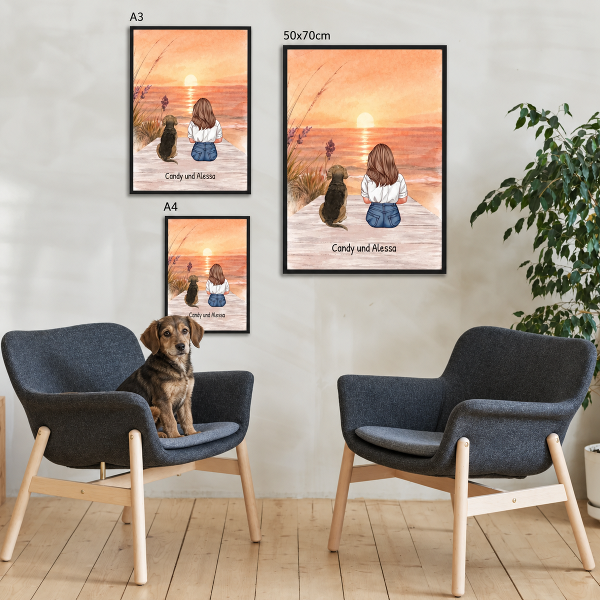 Personalized posters of dog and person on the beach at sunset, in black-framed versions.
