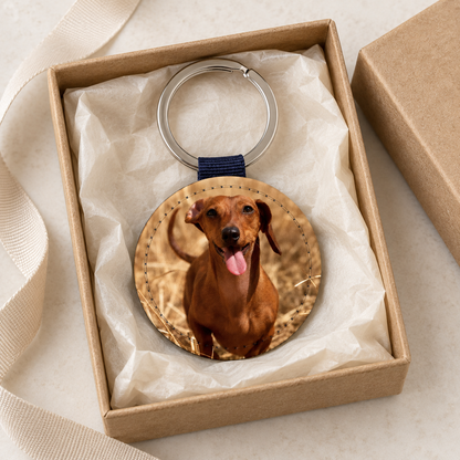 Personalized round keychain with photo of a dog in a gift box.