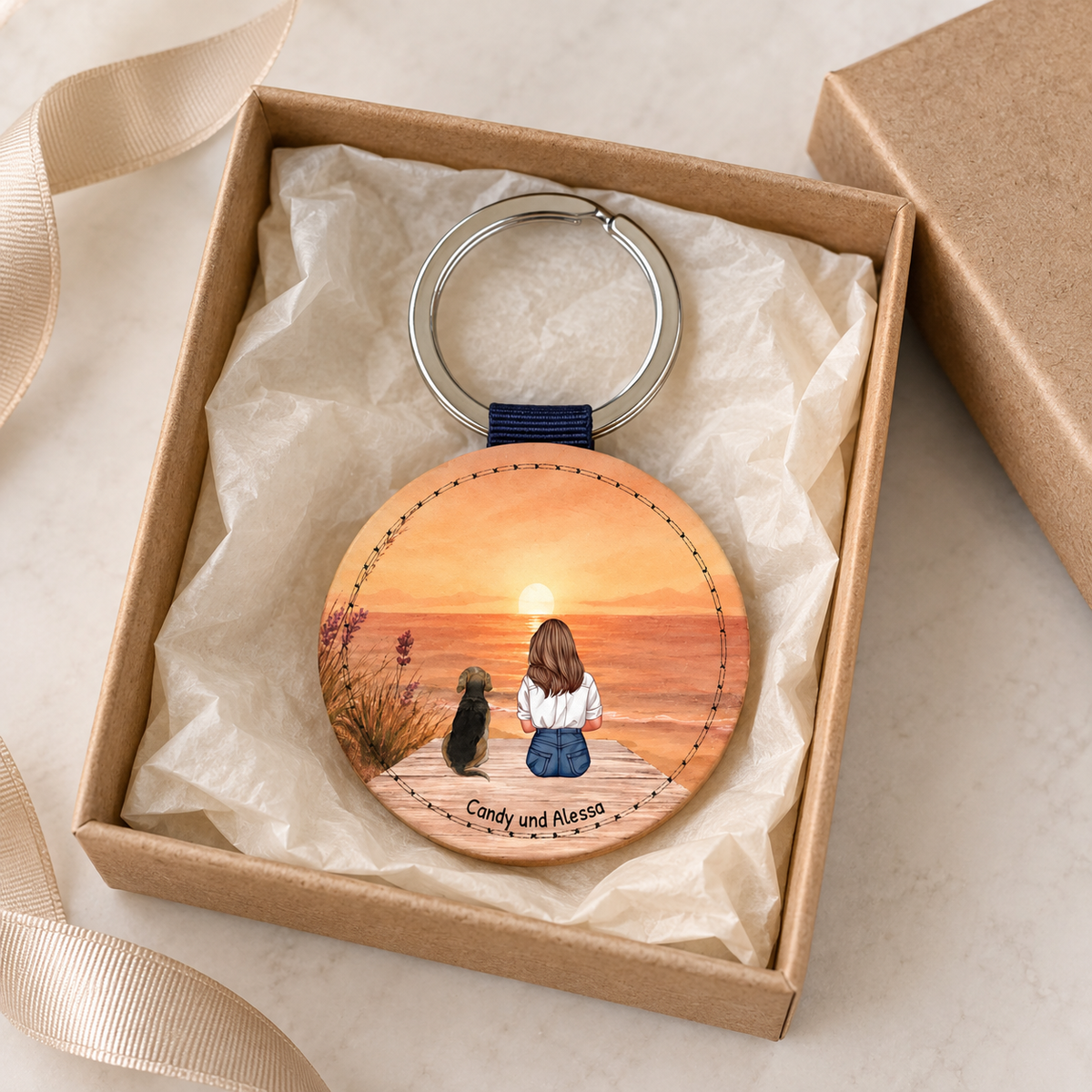 Personalized wooden keychain with a graphic of a person and a dog.