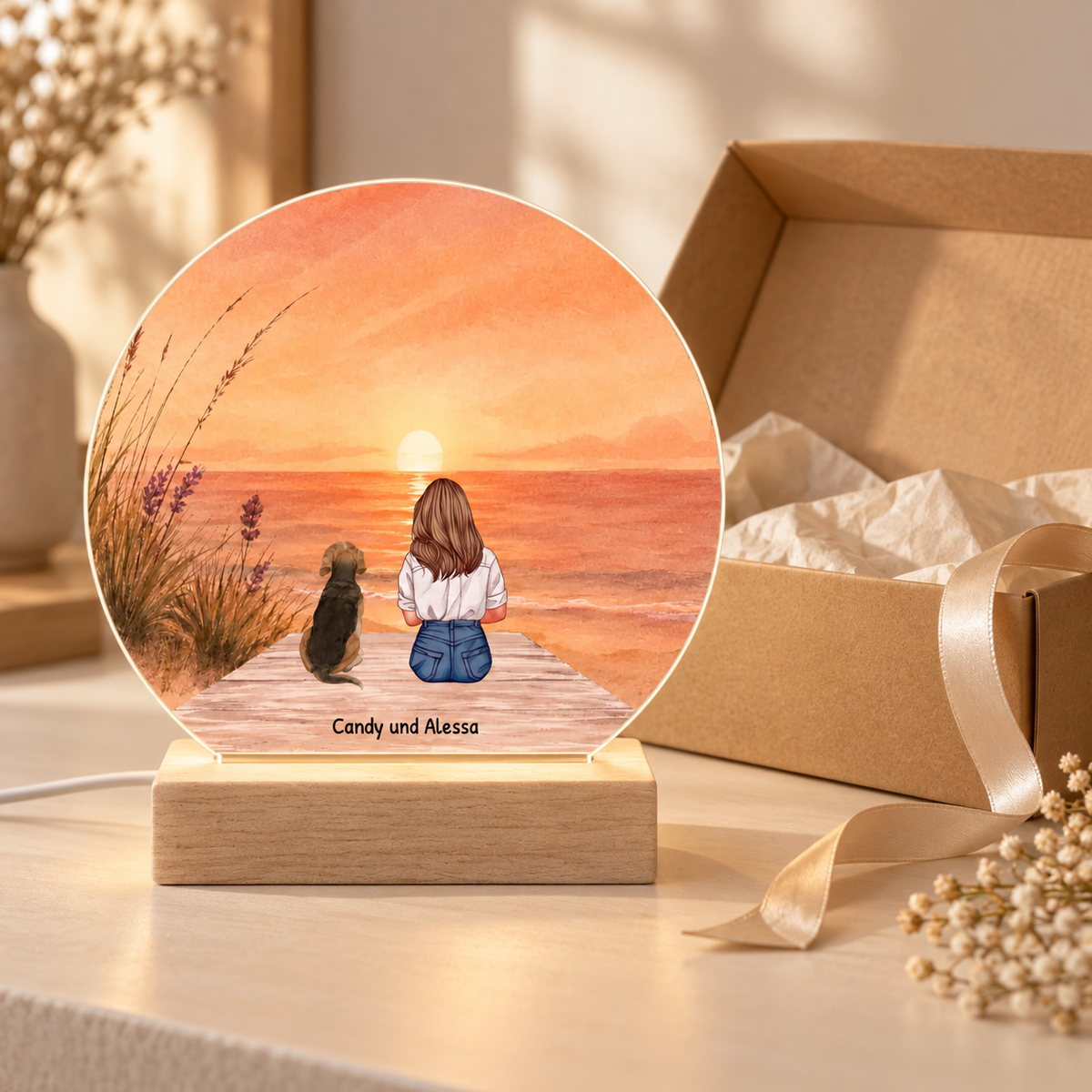 Personalized LED night light with wooden base, illustration of a person and dog by the sea at sunset.