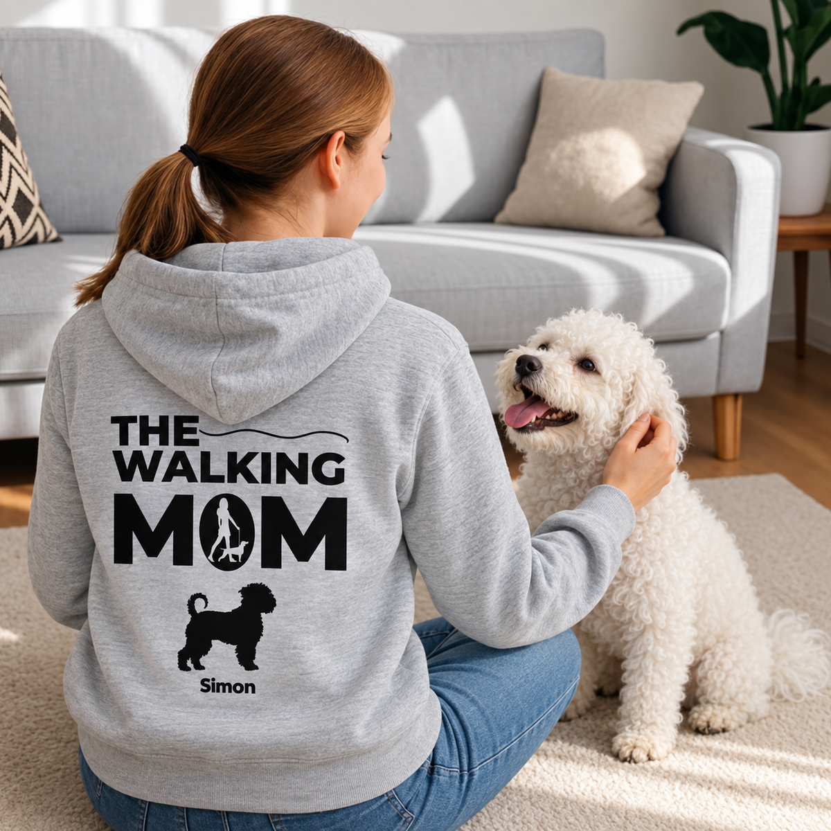 Grey hoodie with "THE WALKING MOM" back print, personalized with dog picture and name.