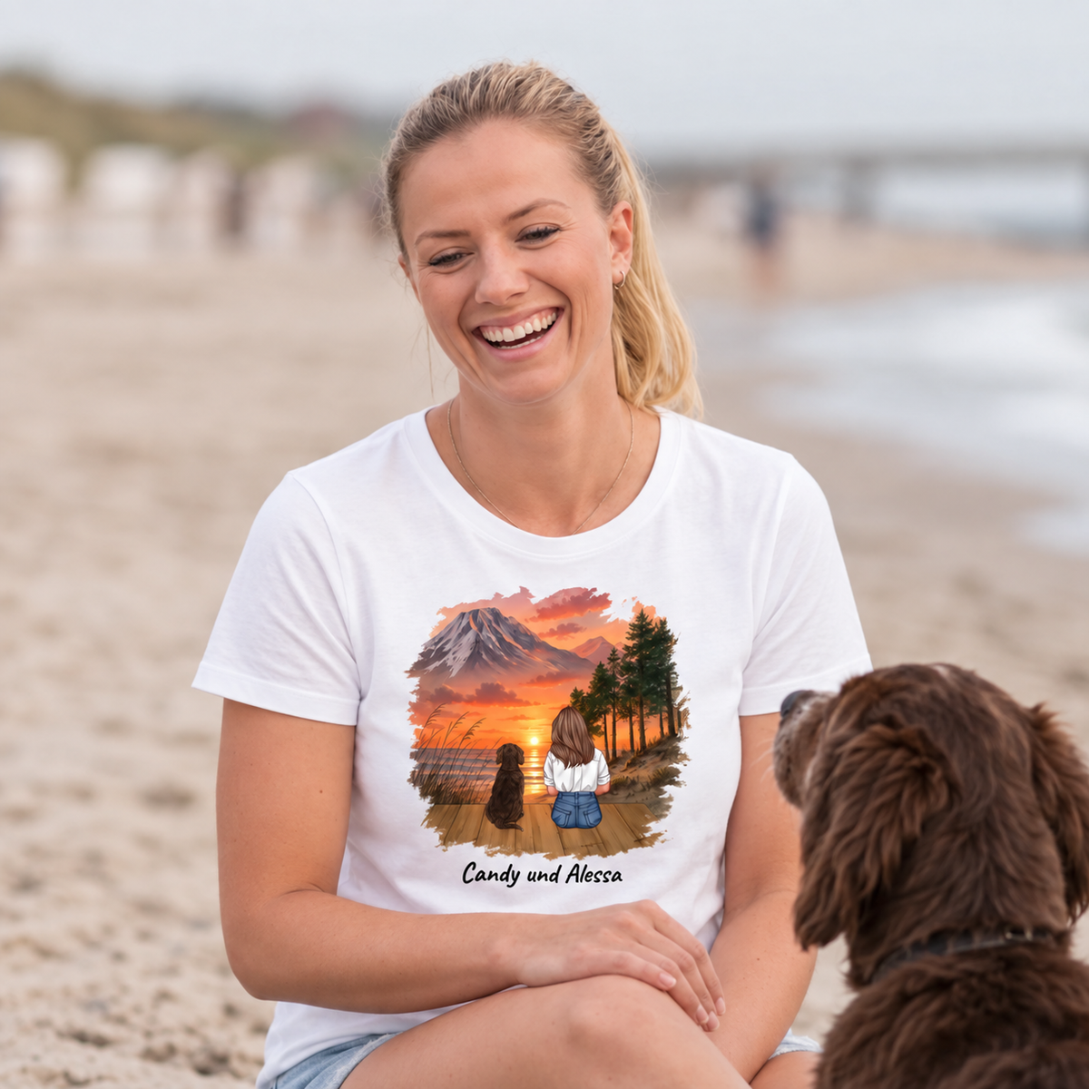 White T-shirt with personalized print of a landscape with dog, wearer laughing on the beach.