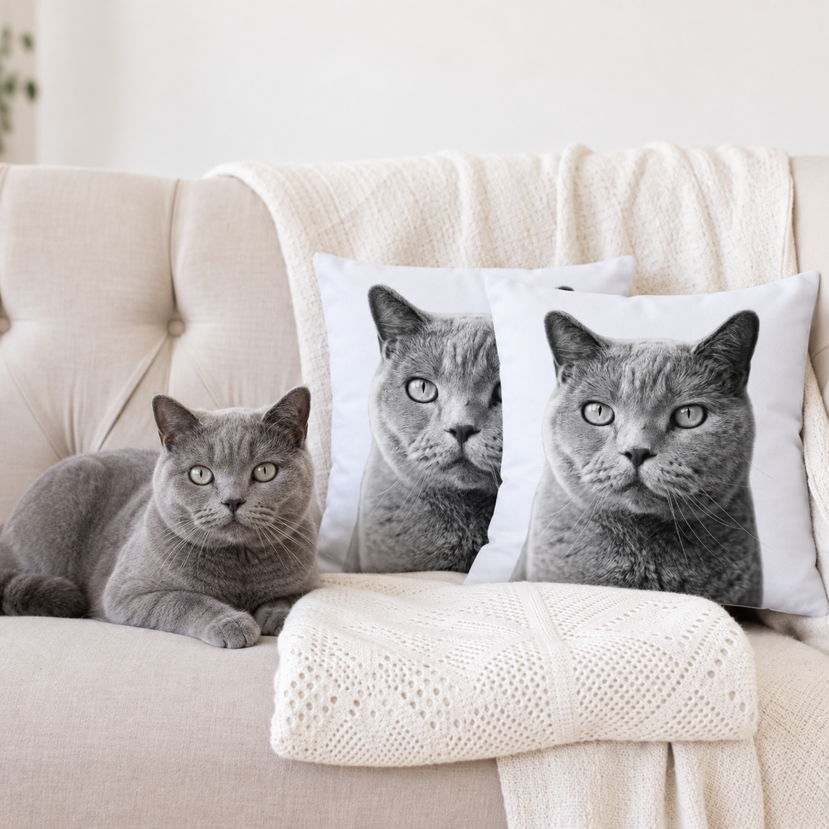 Two personalized pillows with black-and-white pet portraits, next to a grey cat on a couch.