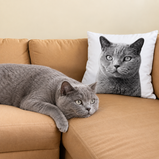Grey and white pillow with a pet portrait on a brown sofa, a grey cat next to it.