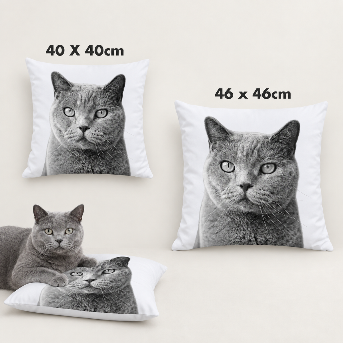 Two personalized pillows with greyscale pet portrait, sizes 40x40 cm and 46x46 cm.