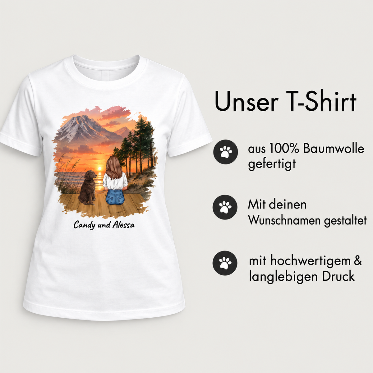 White 100% cotton T-shirt with personalizable print of a person and dog at sunset.