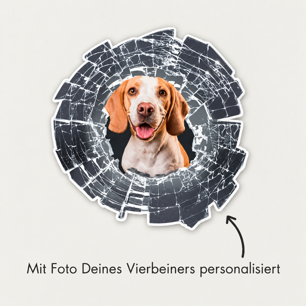 Personalized car sticker with photo of a dog, designed as broken glass.