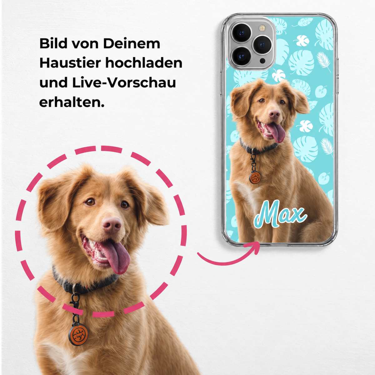 Phone case with photo of a dog and colourful background pattern, personalizable with name.