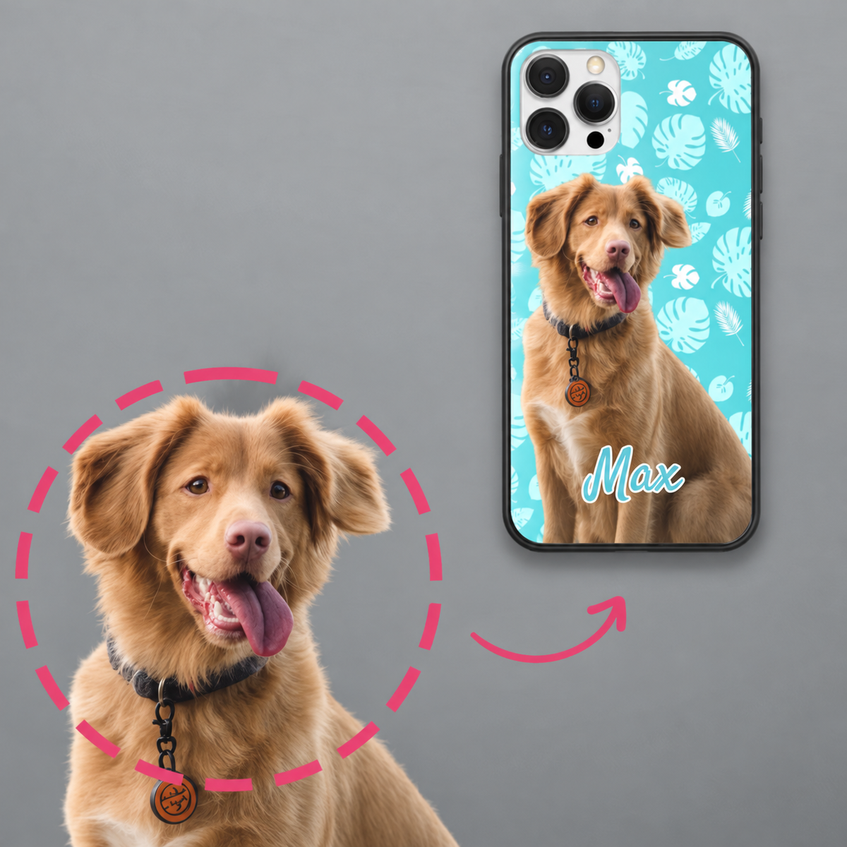 Personalized phone case with photo of a dog on a light blue pattern with the name "Max".