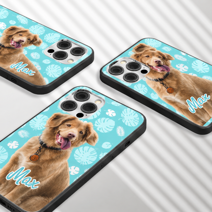 Three personalized phone cases with photos of a dog and a turquoise pattern.