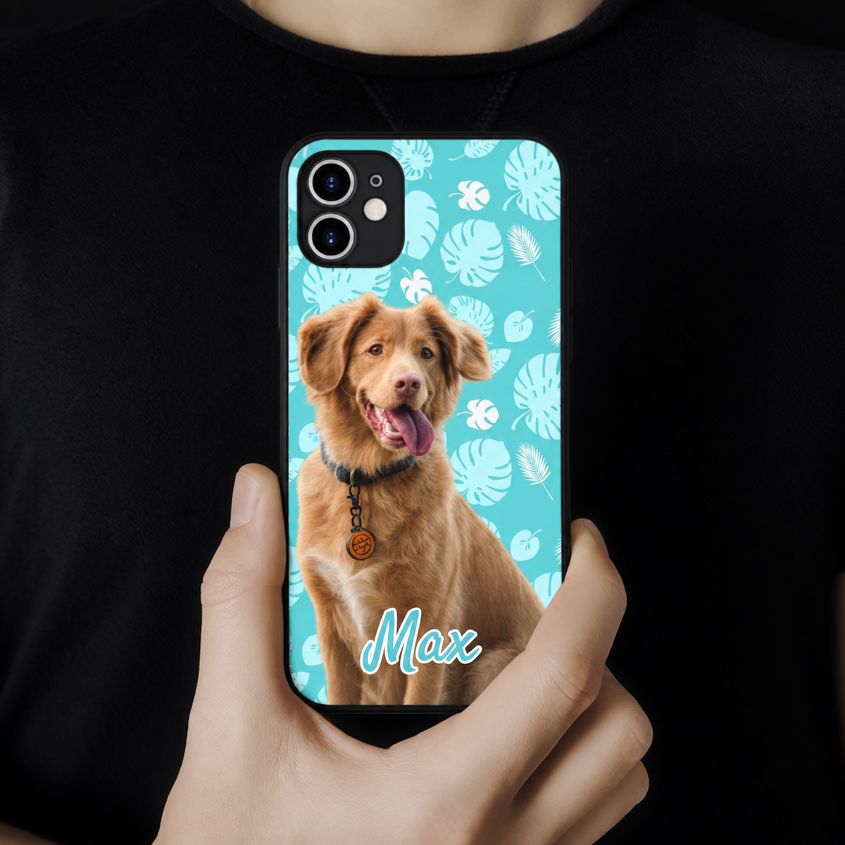 Personalized phone case with dog picture and mint green pattern. Name "Max" in blue lettering.